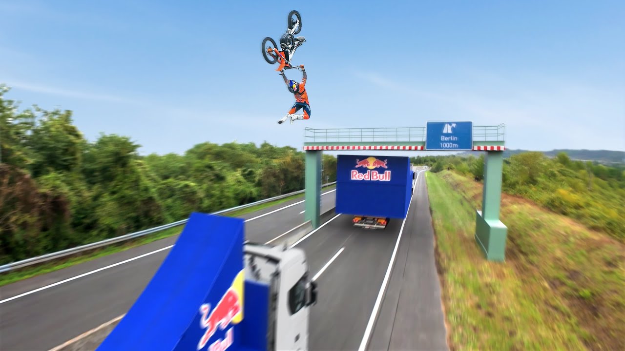 Imagem de destaque para: World First! Motorbike Flip Between Two Moving Trucks
